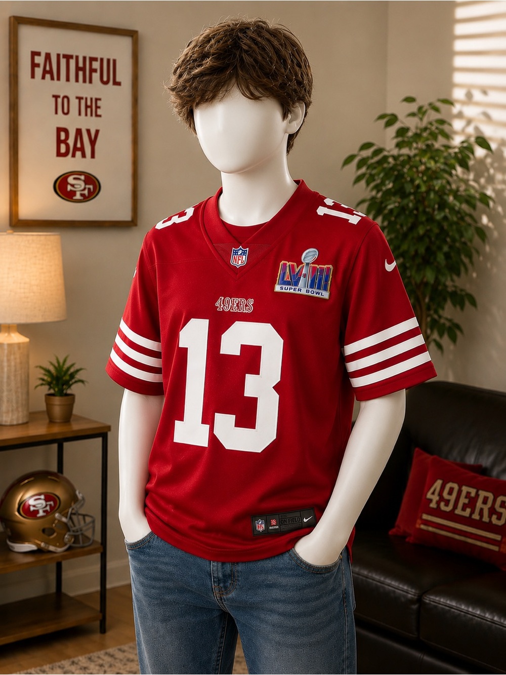 Nike Super Bowl LVIII 49ers Football Jersey with White #13 Purdy, Kid L/Women S